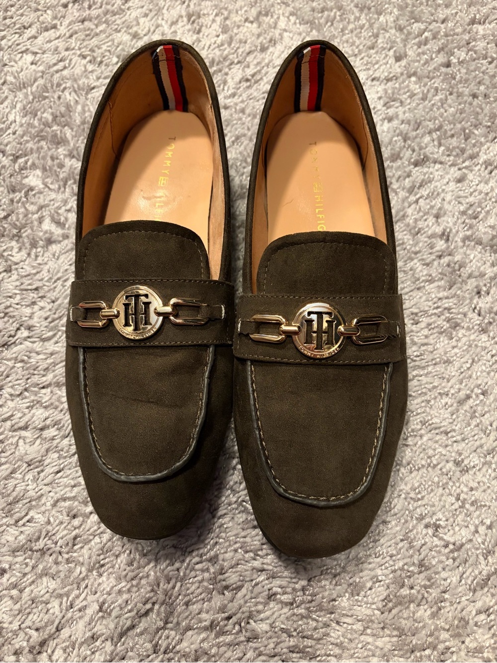 Tommy Hilfiger Olive Suede Women's Slip-On Loafers with Gold Hardware